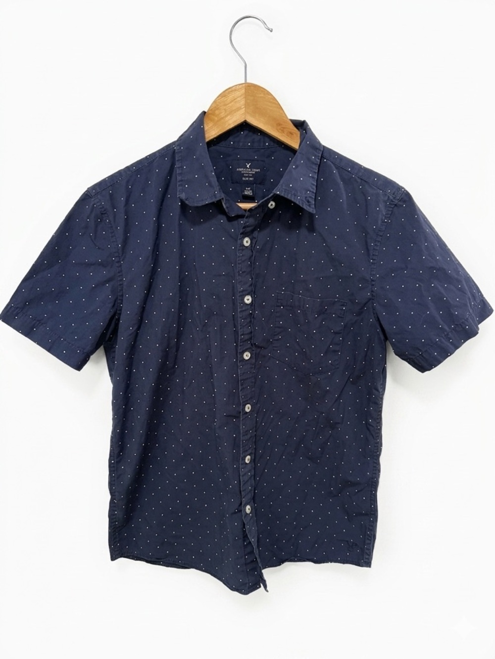 American Eagle Mens Navy Polka Pin Dot Short Sleeve Button Up Shirt S